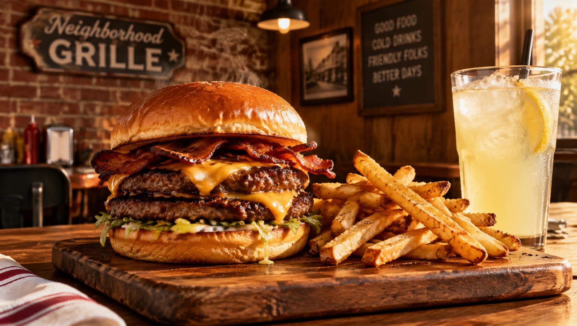 Smash burger and fries at Olde Bedford Grille